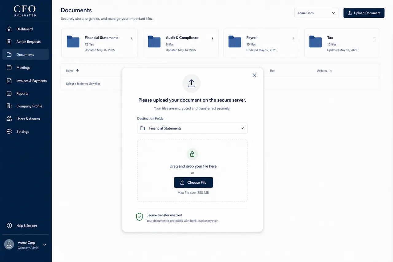 CFO UNLIMITED secure document workspace and upload notice